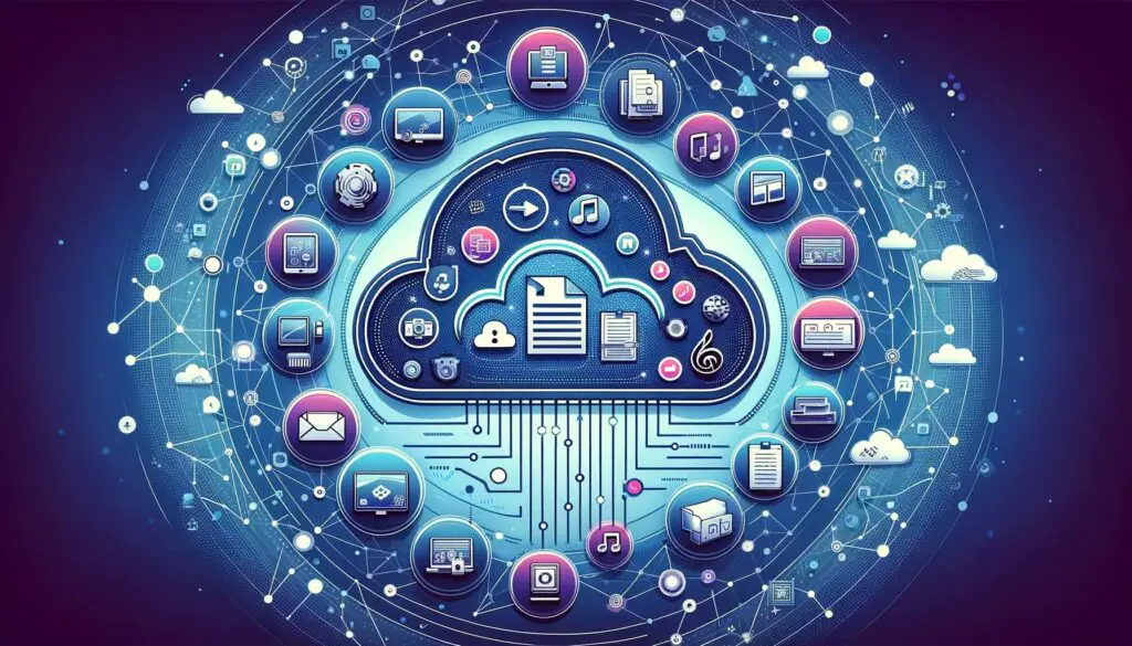 Illustration of cloud computing and technology network.