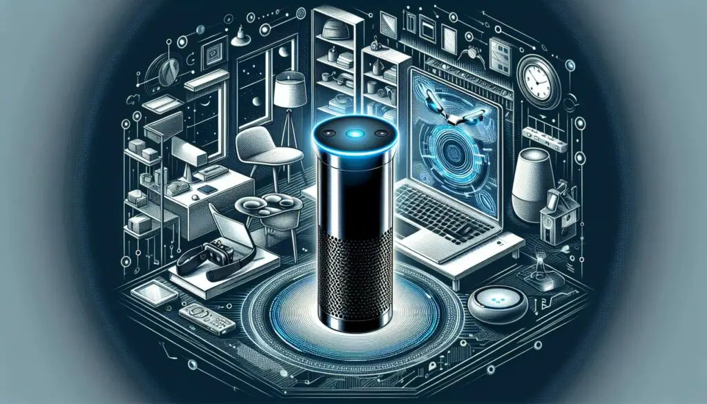 Futuristic smart home devices and technology illustration.