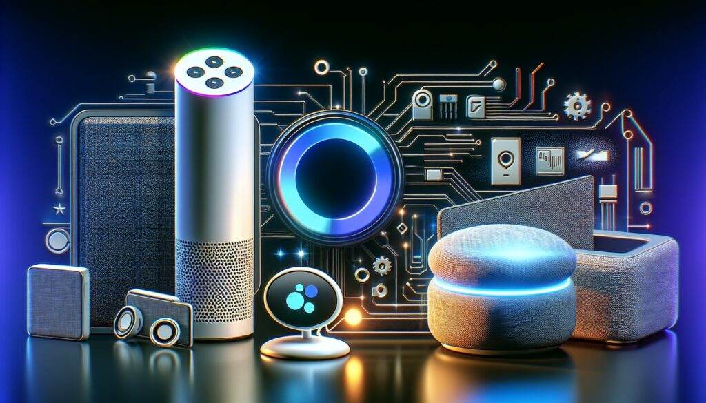 Smart home speakers and futuristic technology concept.