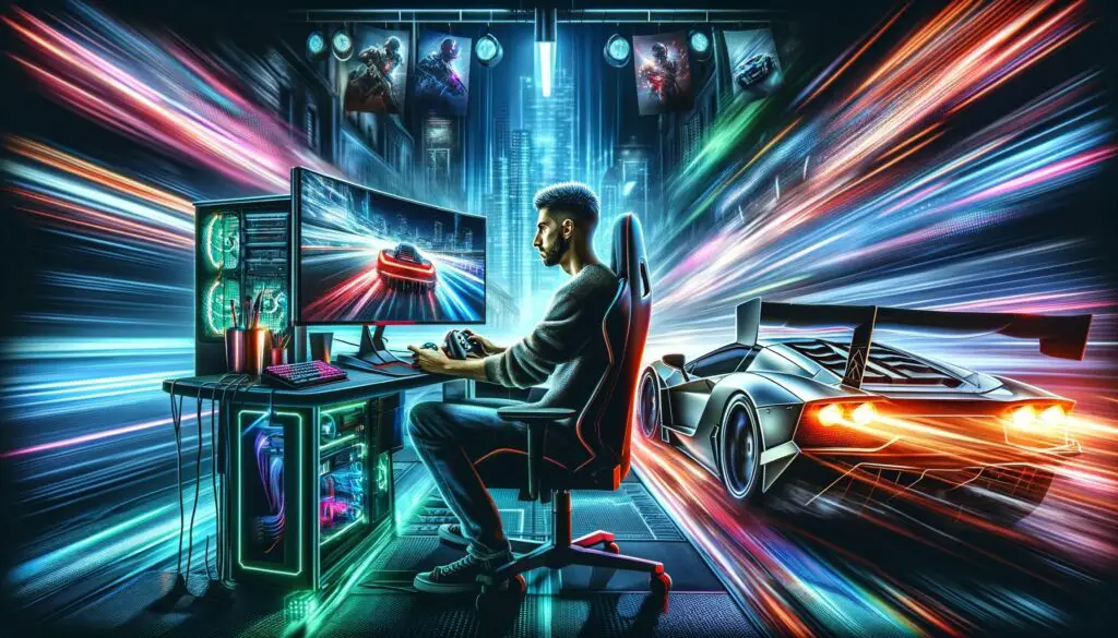 Man gaming with futuristic setup and light trails.