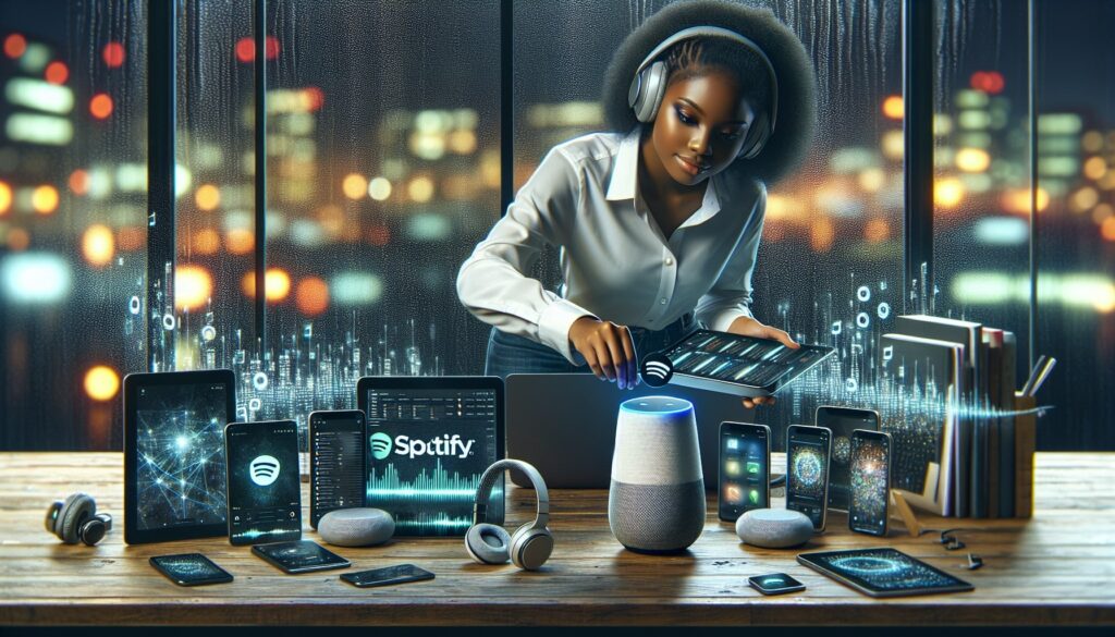 Woman using futuristic tech gadgets at night.
