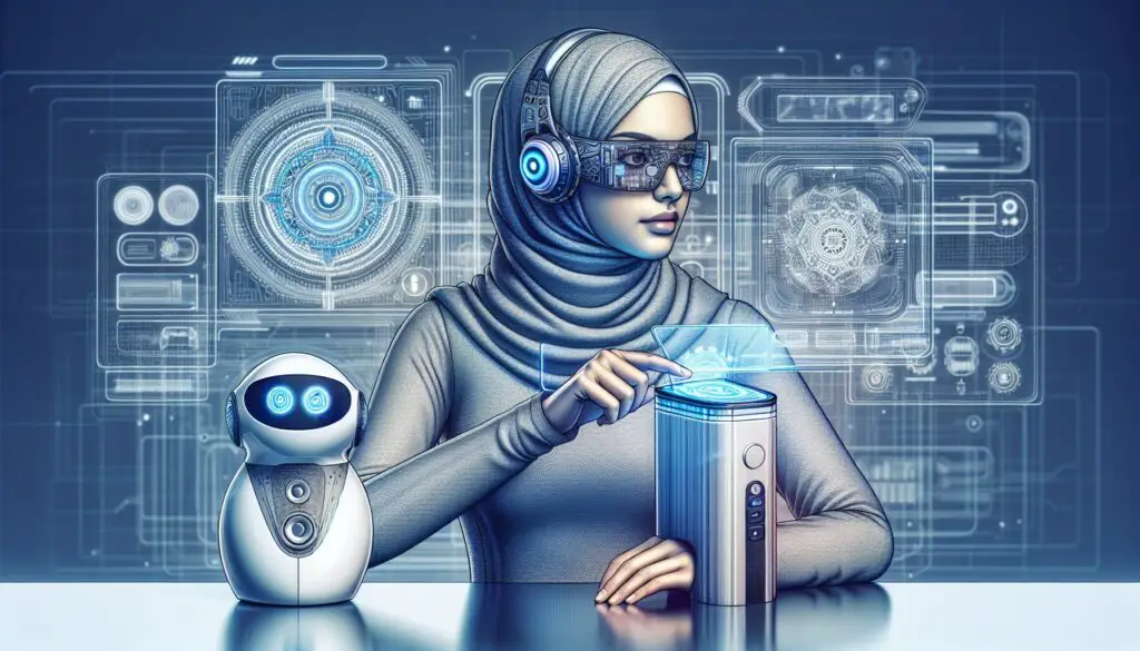 Futuristic woman with robot and holographic interfaces.