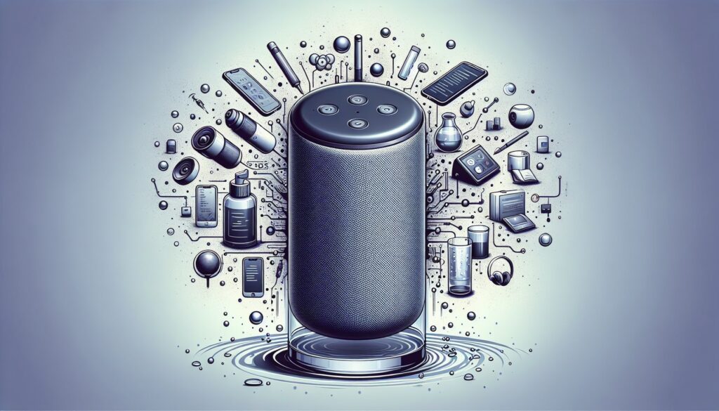 Smart speaker surrounded by various electronic devices and symbols.