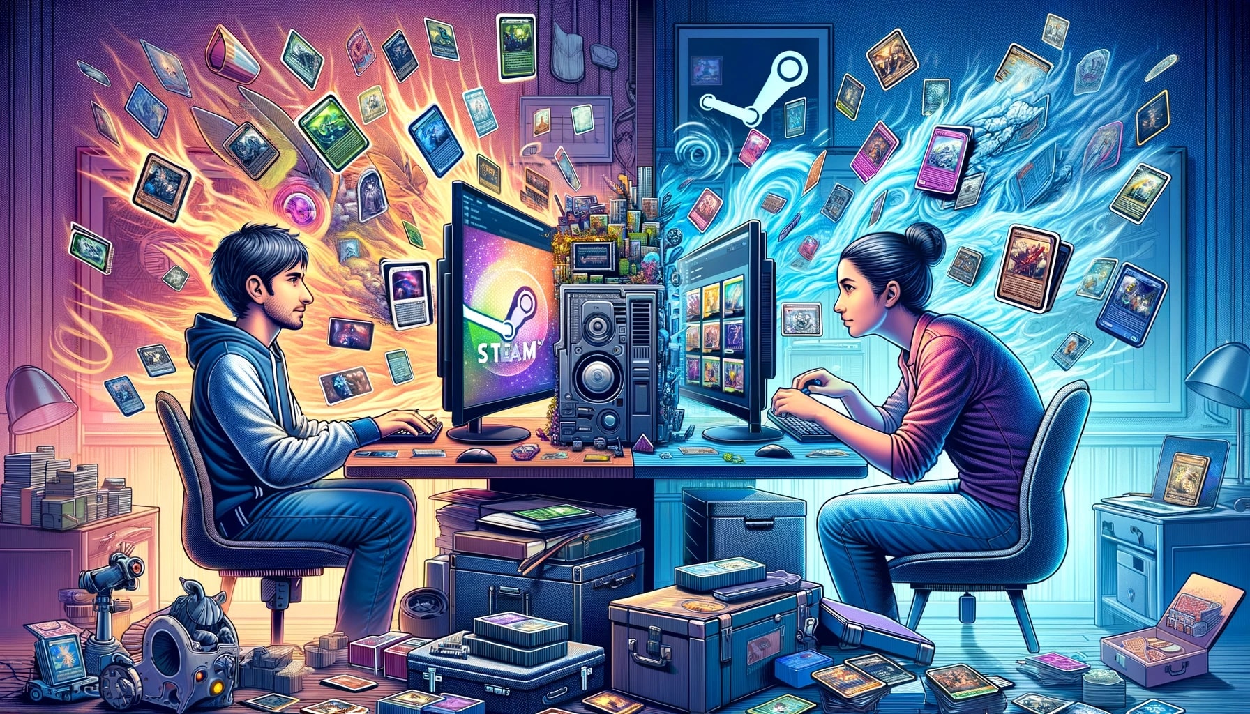 Gamers playing with floating digital cards and gadgets.