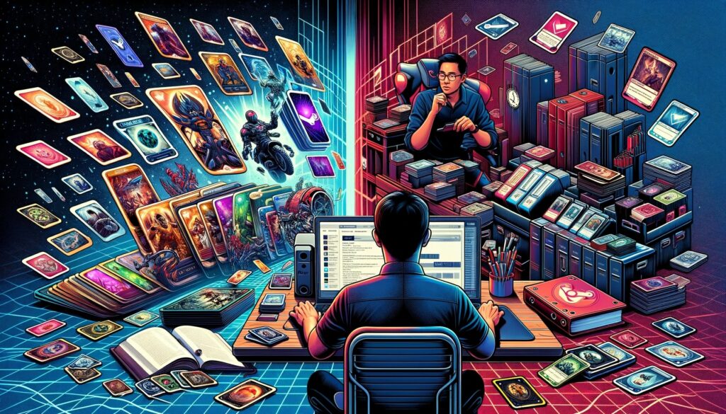 Illustration of person surrounded by floating graphic cards.