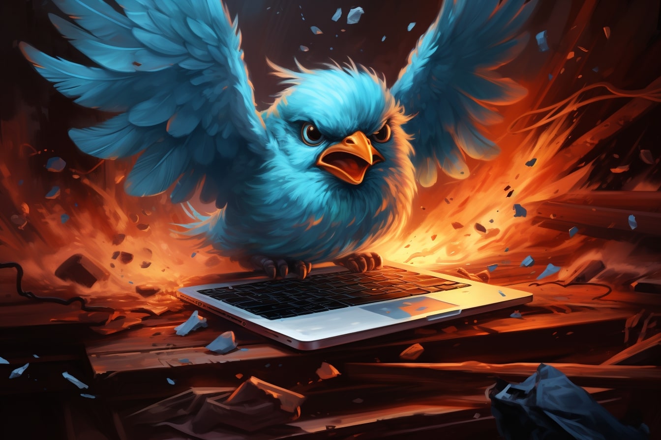 Animated blue bird smashing laptop in fiery setting.