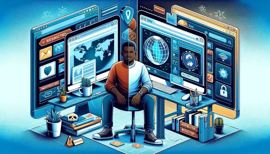Illustration of cybersecurity professional at a high-tech workstation.