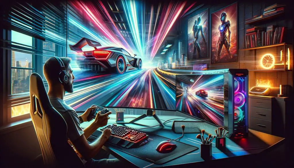 Futuristic gaming setup with dynamic lighting and high-tech gear.