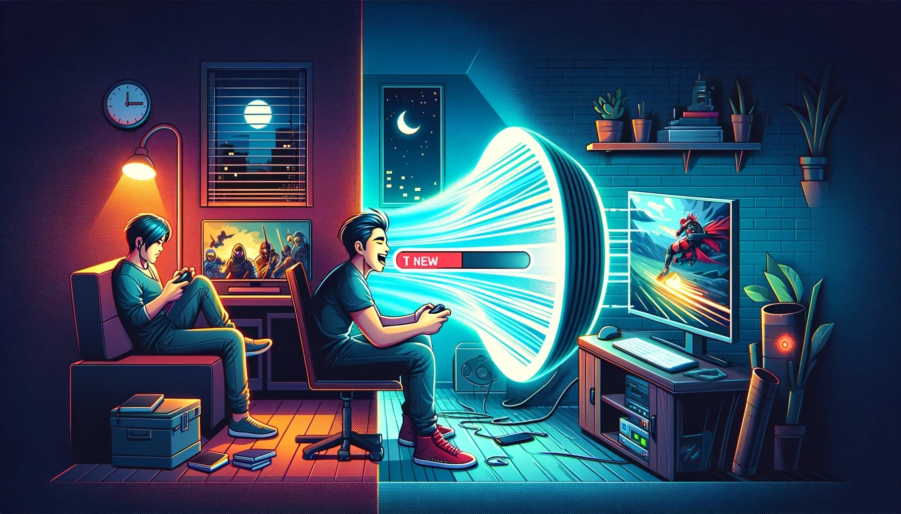 Two gamers enjoying immersive video game at night.