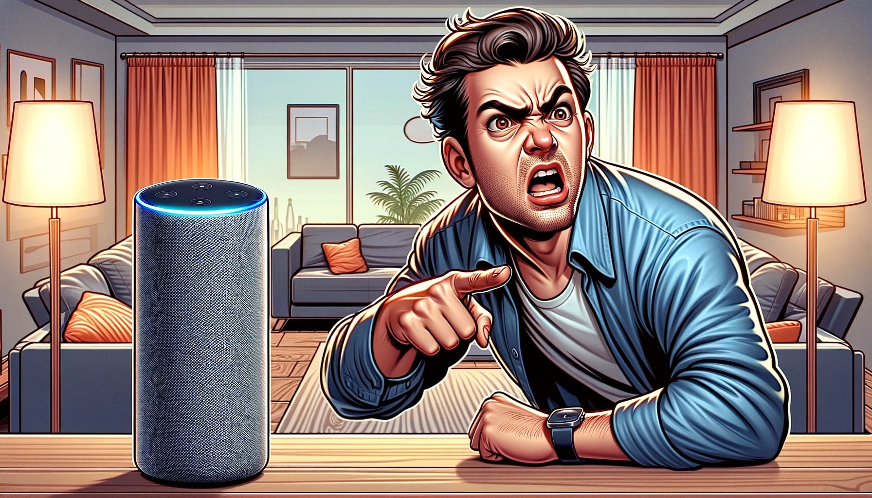 Man frustrated with smart speaker in living room.