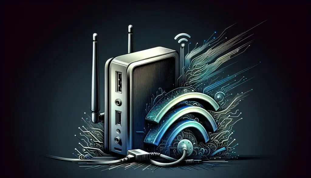 Stylized modem with dynamic Wi-Fi signal illustration.