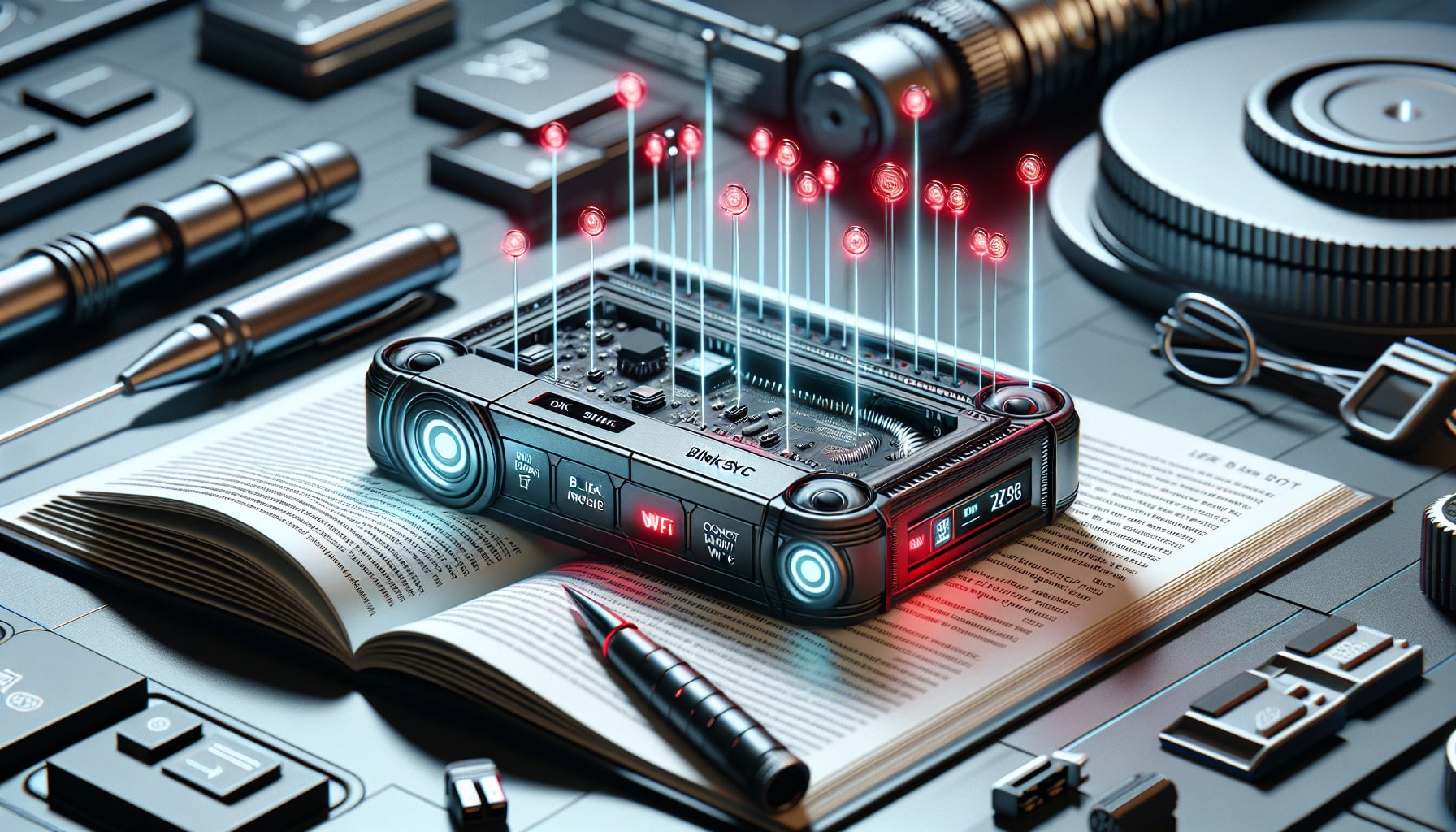 Futuristic digital audio mixer on a tech-themed background.