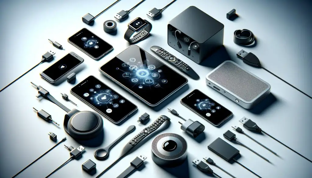Assorted modern electronic gadgets and accessories.