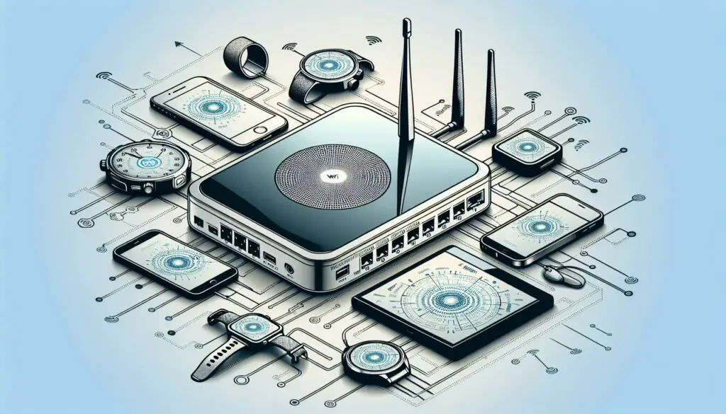 Illustration of wireless router and connected devices.