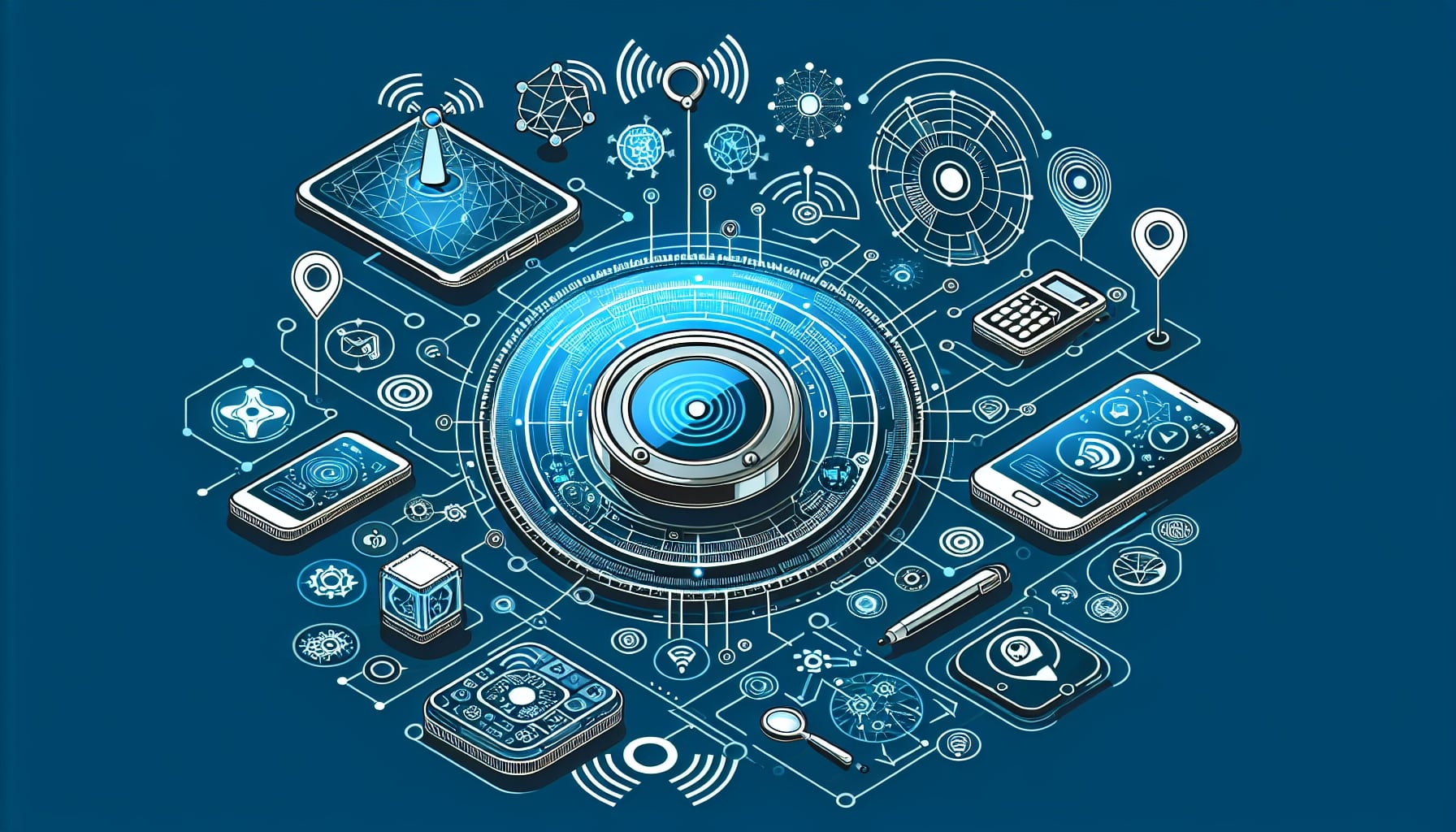 Isometric technology and connectivity illustration on blue background.