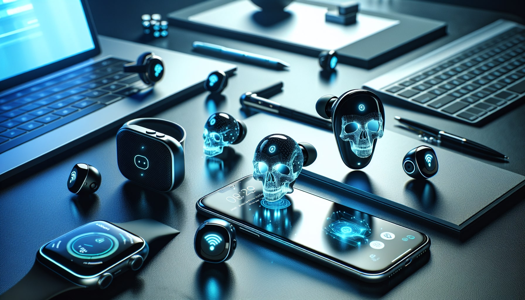 Futuristic tech devices with holographic skull imagery.