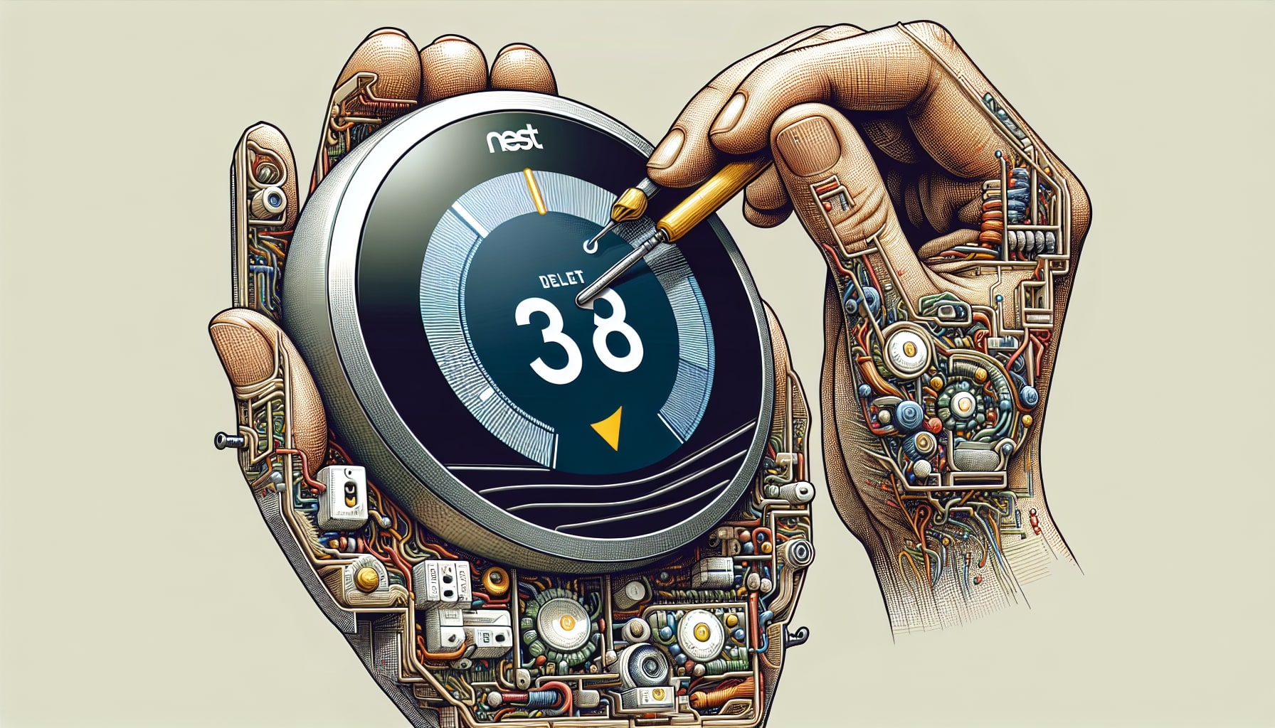 Illustration of robotic hands adjusting a smart thermostat.
