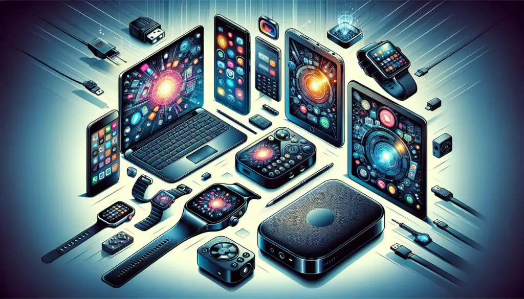 Diverse futuristic gadgets and devices illustration.