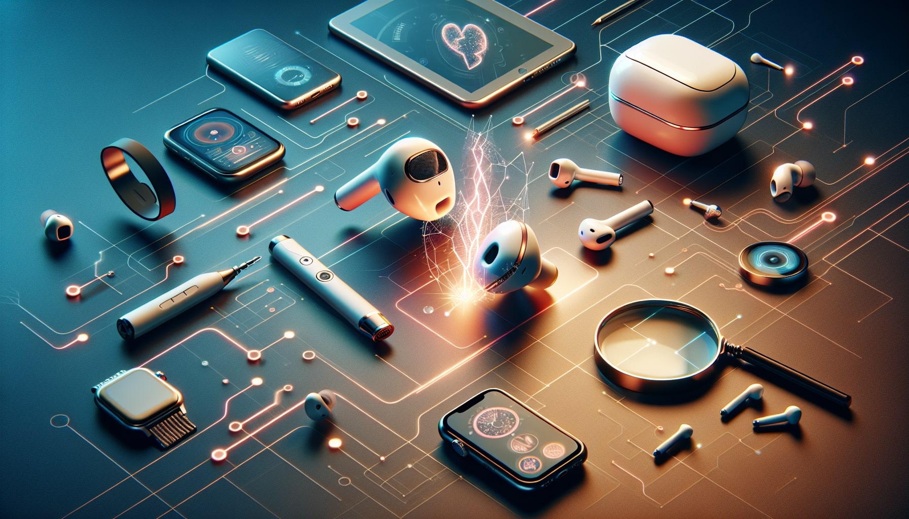 Futuristic gadgets and devices with digital connections.