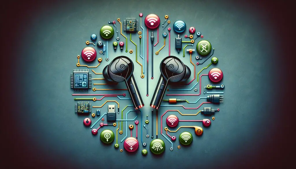Brain-shaped circuitry with icons and earphones.