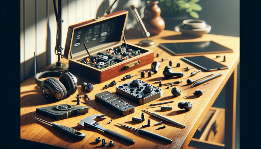 Audio equipment and repair tools on wooden table.
