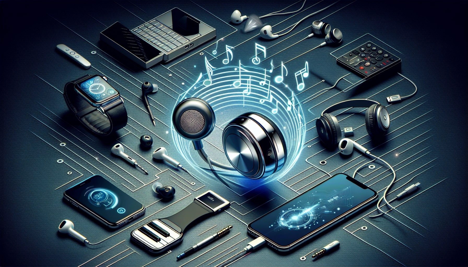 Assorted audio gadgets with music visualization graphics.