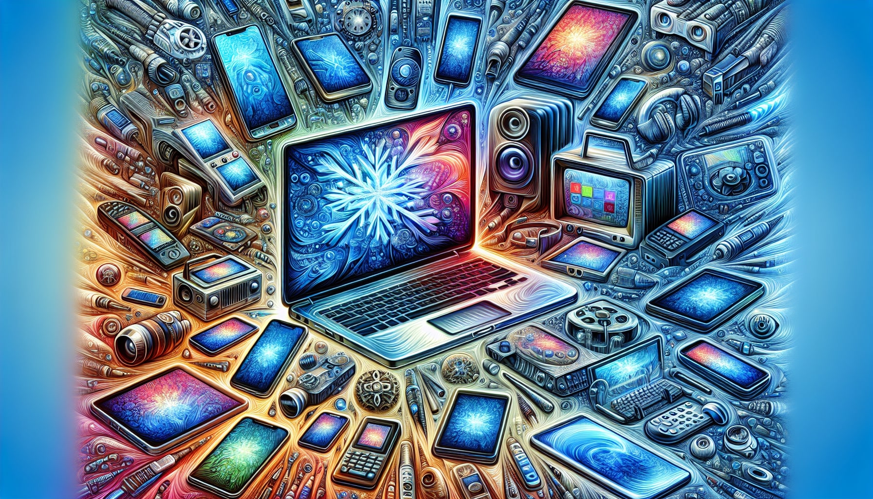 Vibrant digital technology and electronics collage art.