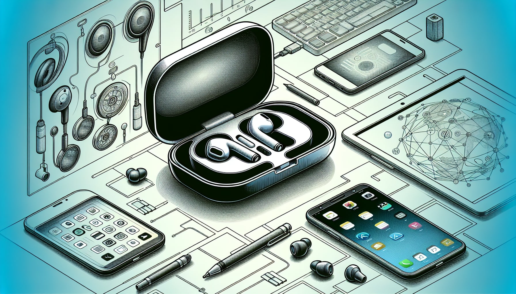 Illustrated tech gadgets and wireless earbuds with charging case.