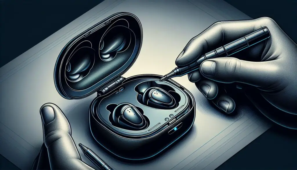 Illustration of wireless earbuds being placed in charging case.