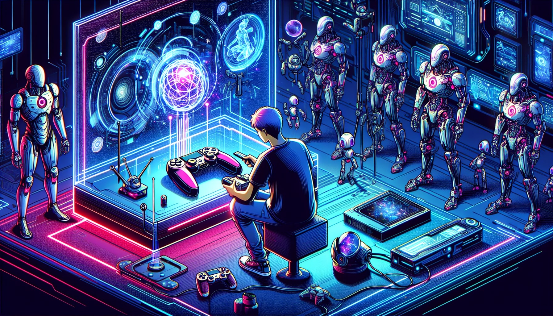 Futuristic gaming setup with robots and holograms.