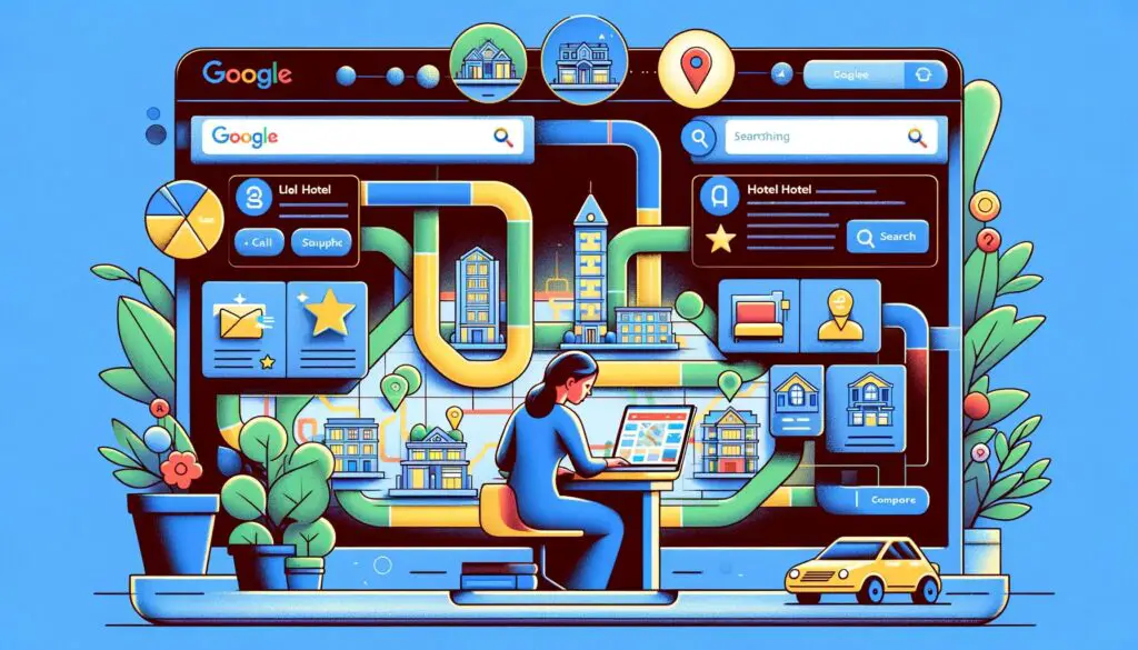 Colorful illustration of person using online search engine.