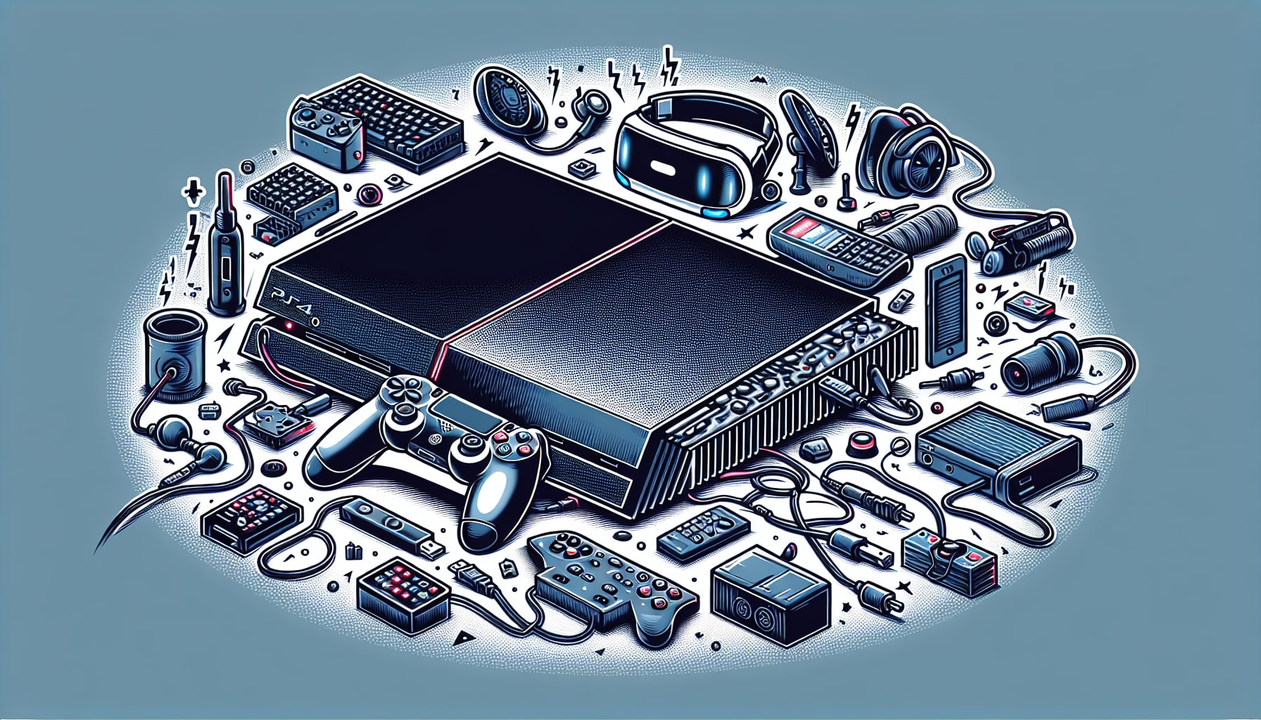 Assorted vintage electronics and gaming devices illustration.