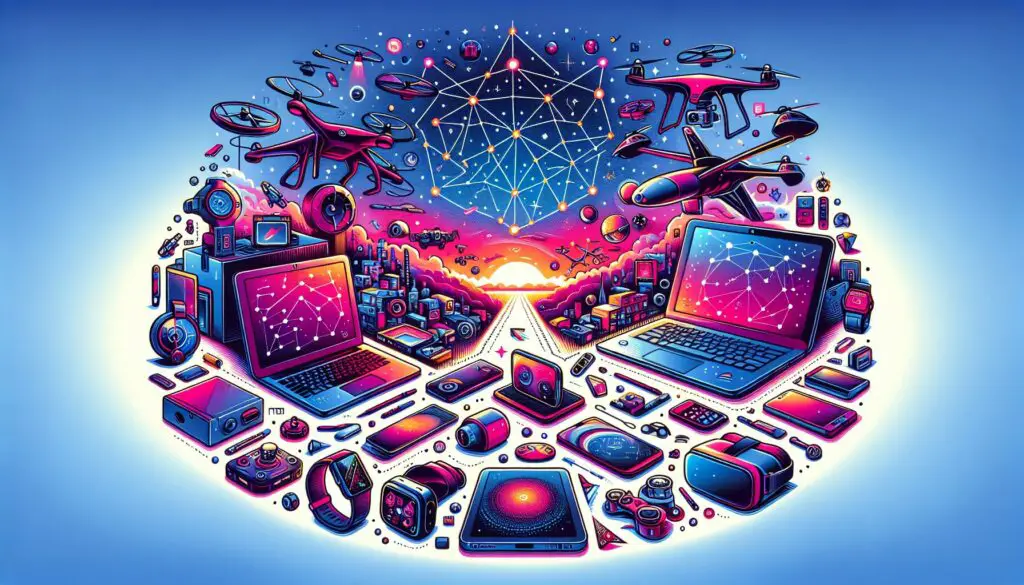 Colorful digital technology and electronics illustration.