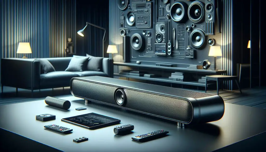Modern soundbar and speakers in chic living room.