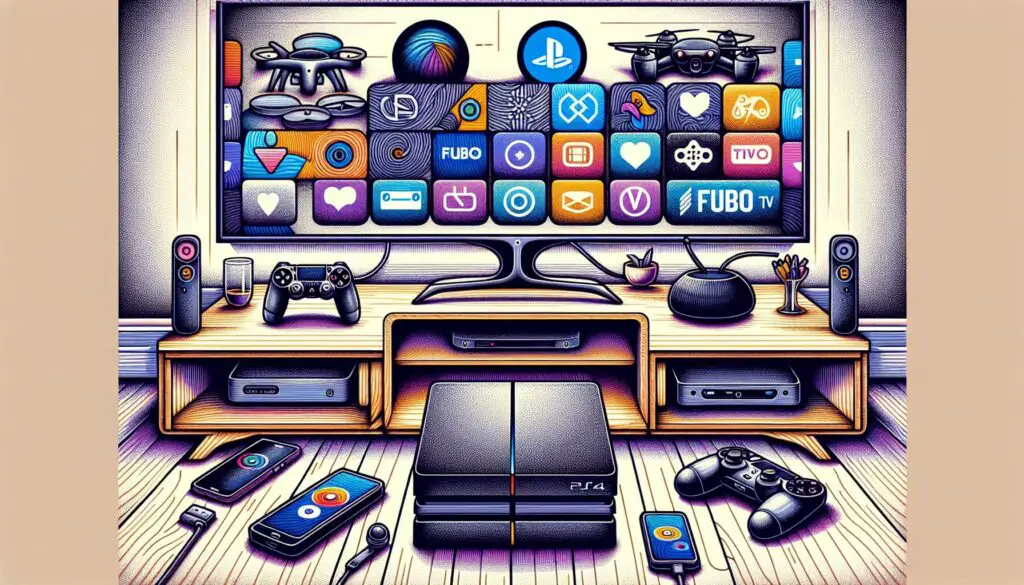Colorful home entertainment setup with gaming console.