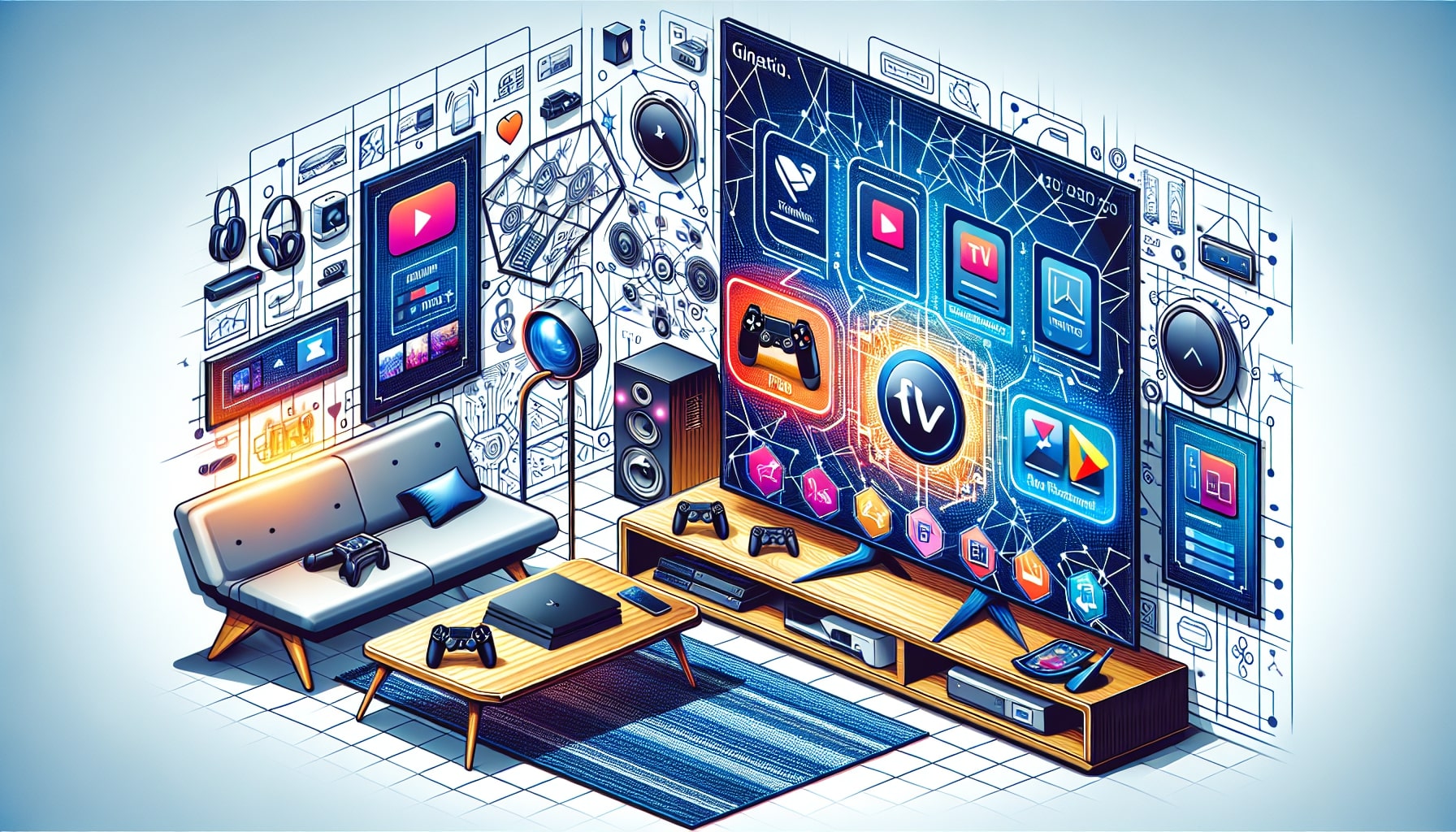 Futuristic multimedia entertainment room concept illustration.