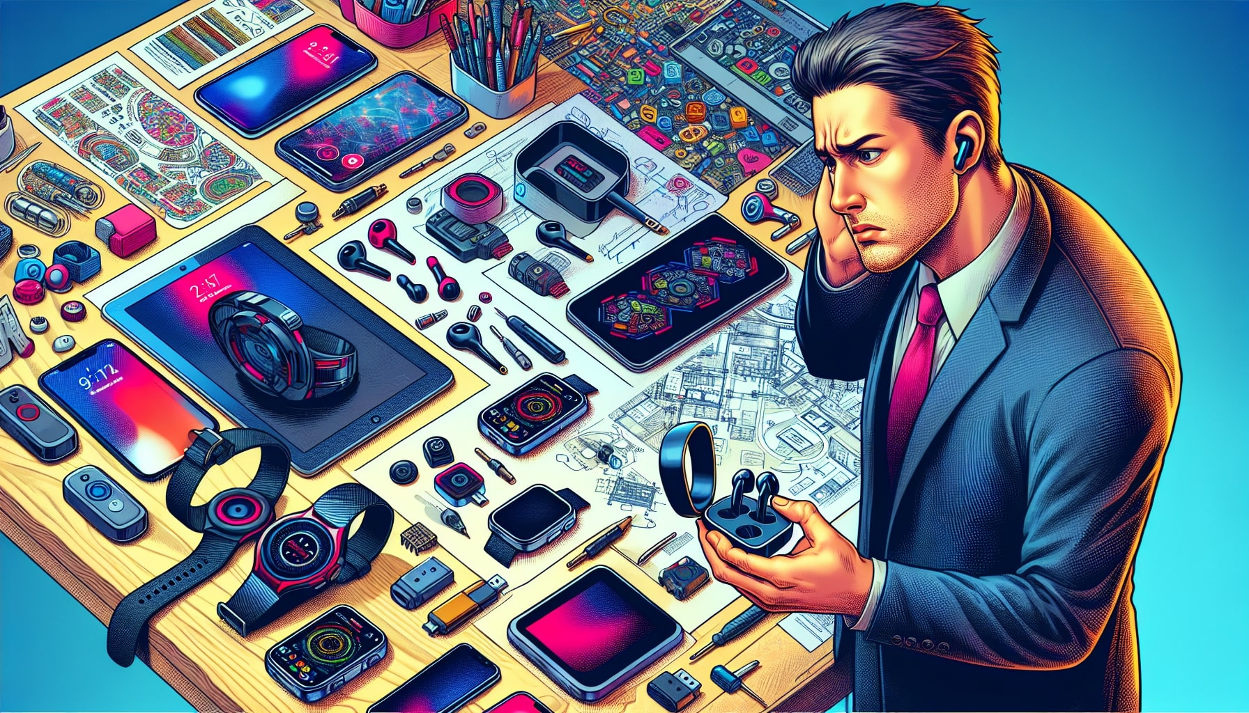 Man with gadgets in colorful technological illustration.