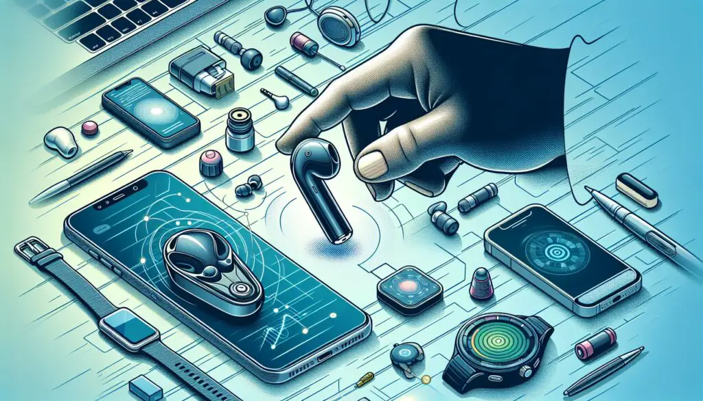 Illustrated modern gadgets and hand picking wireless earbud.